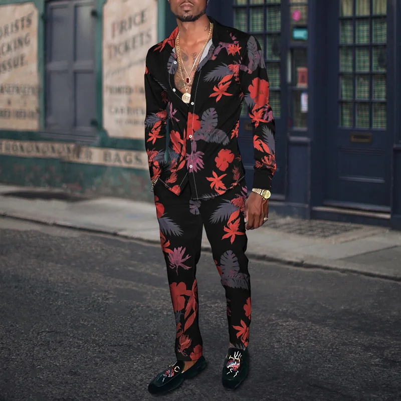 Spring Autumn Men Party Dress Shirt + Pants Fashion Flowers 3D Element Harajuku Cardigan Slacks S-4XL Oversized Men‘s Clothes