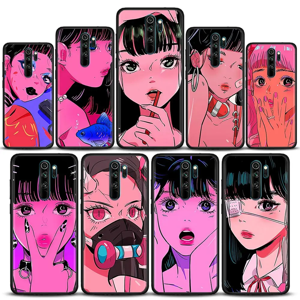

Super Cute Girl Anime Mobile Phone Shell for Redmi K40 K40S K50 6 6A 7 7A 8 8A 9 9A 9C 9T 10 10C Pro Plus Black Soft Case Cover