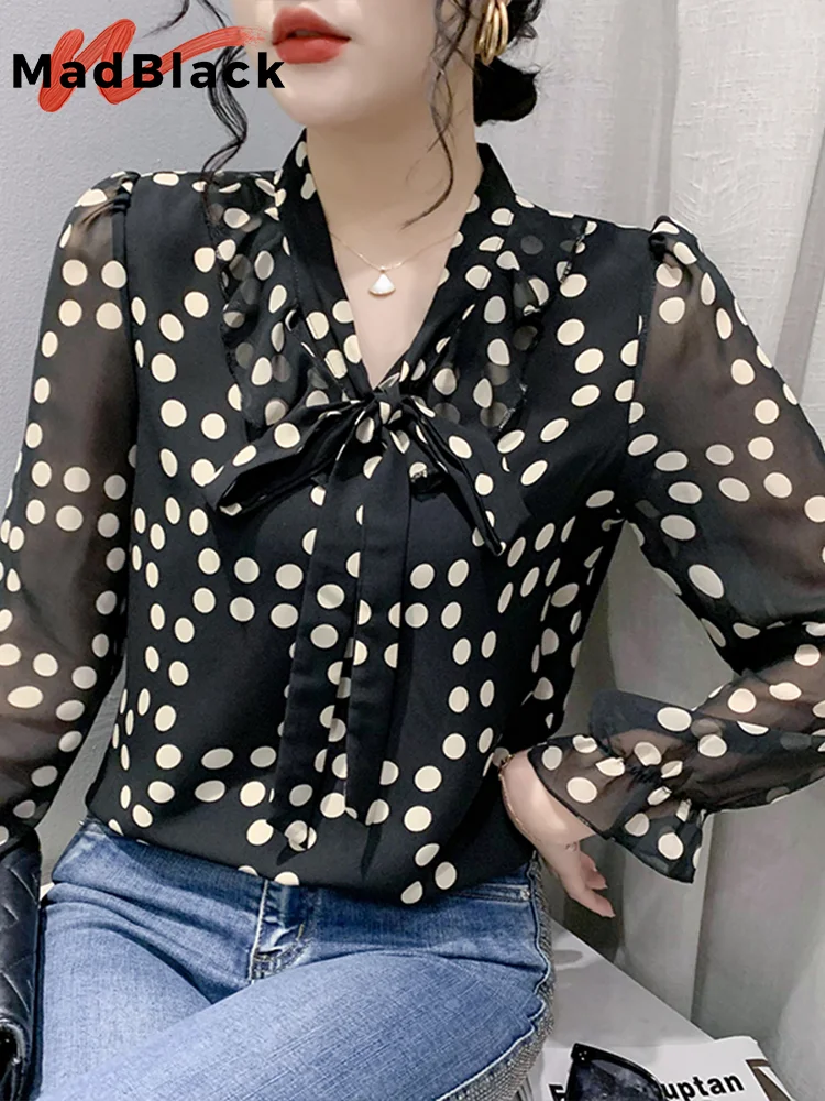 

MadBlack Spring Chiffon Blouses European Clothes Polka Dot Bowtie Women Blouse Long Sleeve Workwear Bottoming Tops T33106Z