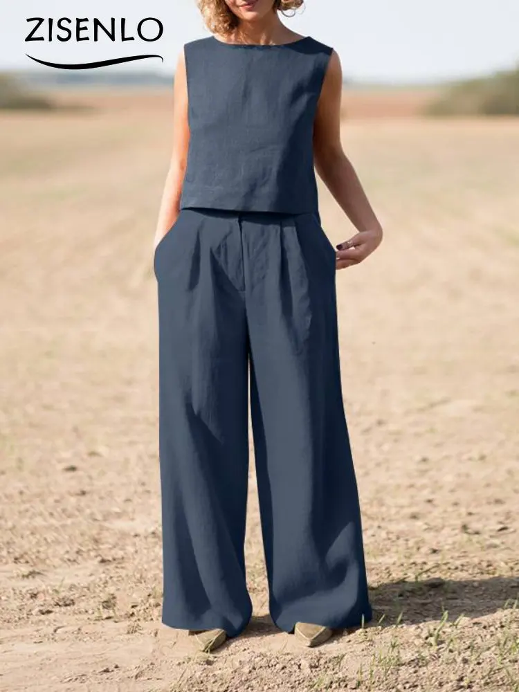 

New In Matching Sets Summer Solid Color Vintage Sleeveless Tops Wide Legged Pants Two Piece Set Women Outfit 2023 Pants Sets