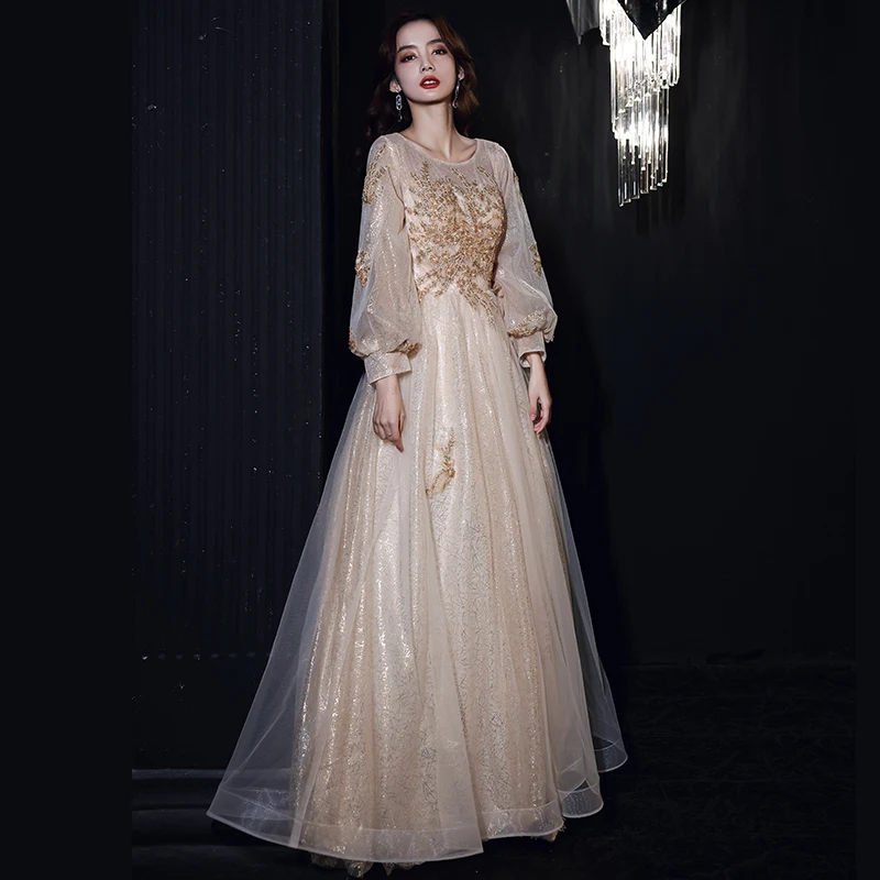 

Long Sleeve Women Wedding Guest Dresses Elegant Round Neck Appliques Floor-Length Formal Evening Gowns 2022