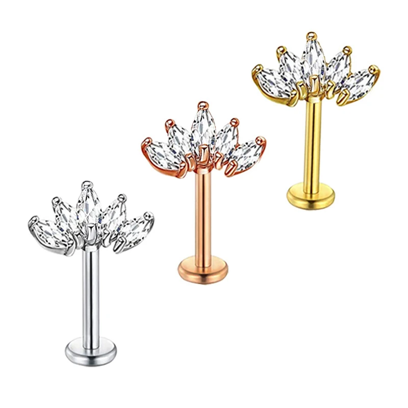 

New Flower Zircon Gold Rose Gold Steel Color Stainless Steel Lip Ring Body Jewelry Personality Piercing Jewelry for Women Girl
