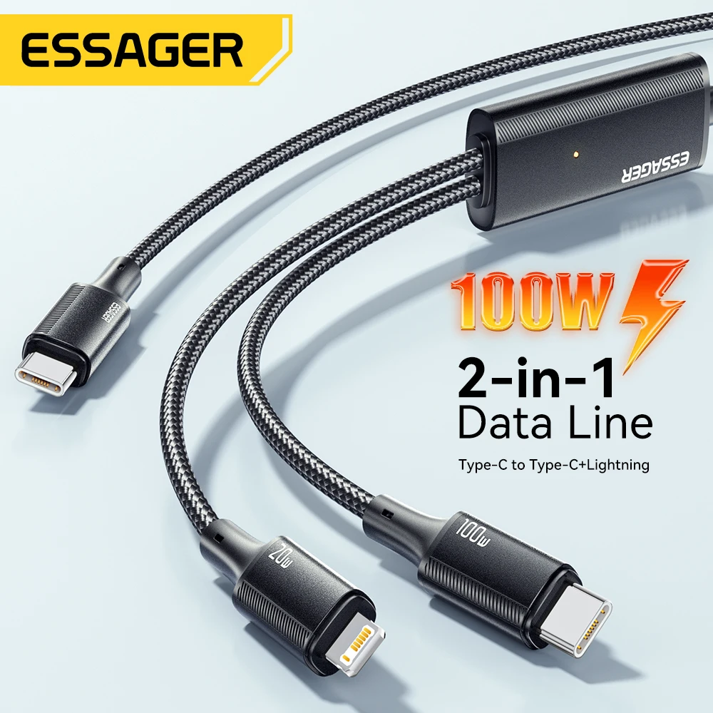 

Essager 100W Cable USB C to Type C to Lighting PD Fast Charger Data 2 in 1 Quick Charging Cord For Macbook iPhone Samsung Xiaomi