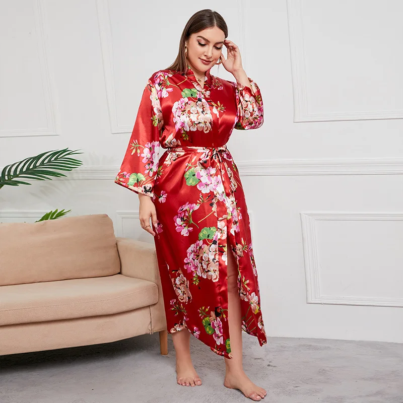 Woman Sleepwear Plus Size 5XL Lace Trim Satin Pajamas Set with Robe Sexy Faux Silk Pijamas Robe Sets Casual Home Clothes Nightwe