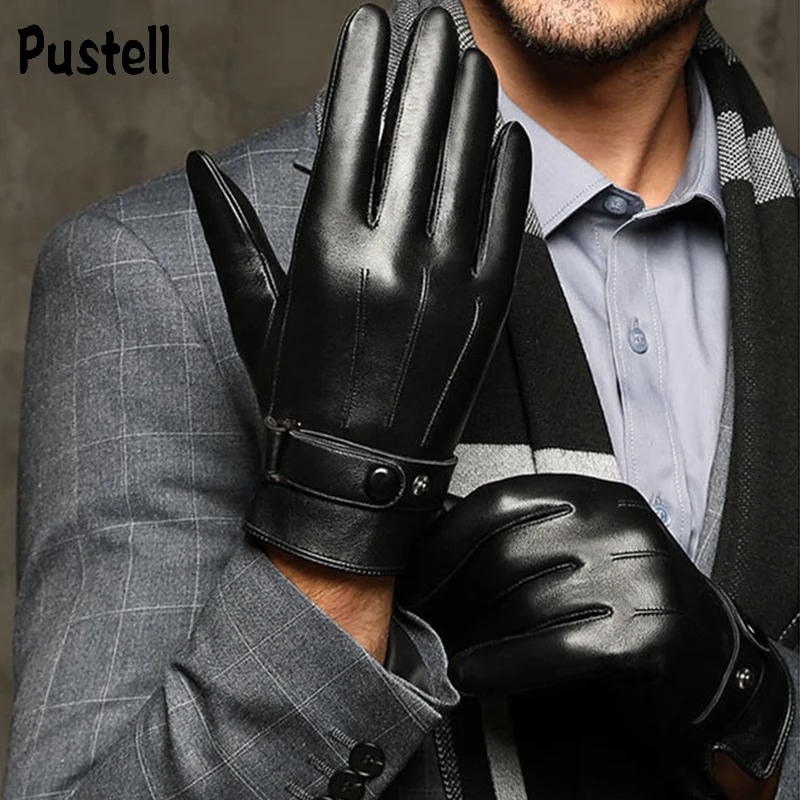 Business Gloves Men Winter PU Leather Touch Screen Plus Velvet Keep Warm Windproof Driving  Autumn Male Black Gloves