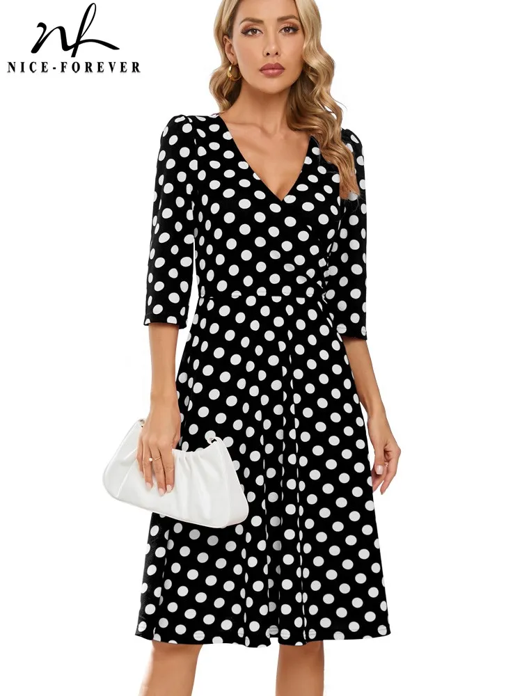 

Женское платье в горошек Nice-Forever, Осеннее, белое и элегантное платье-колокол с глубоким вырезом, расширяющееся книзу,