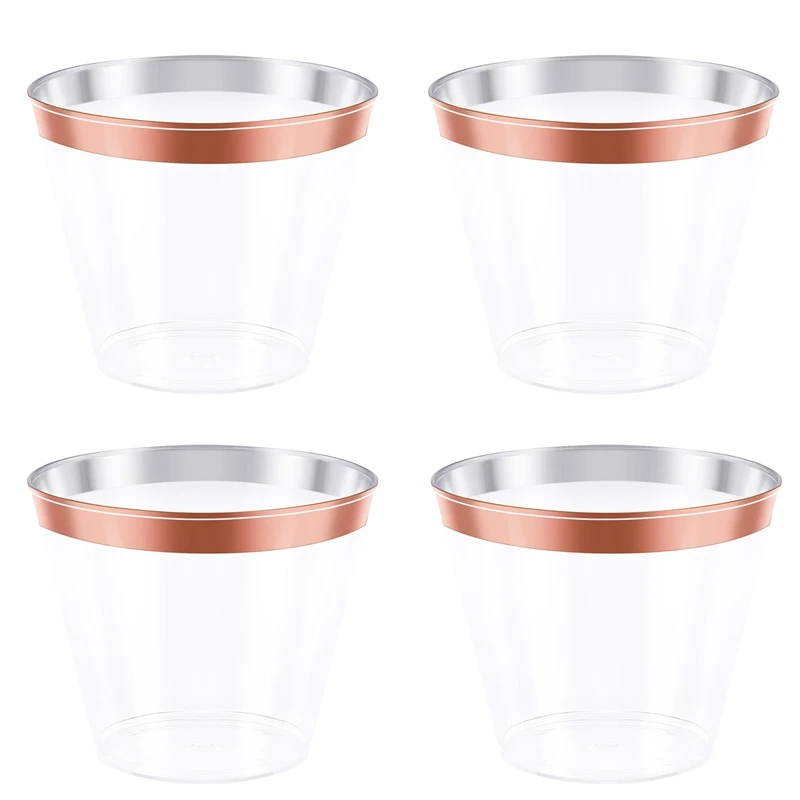 

60 штук, пластиковые чашки из розового золота, прозрачные пластиковые чашки 9 унций с оправой из розового золота, одноразовые пластиковые чаш...