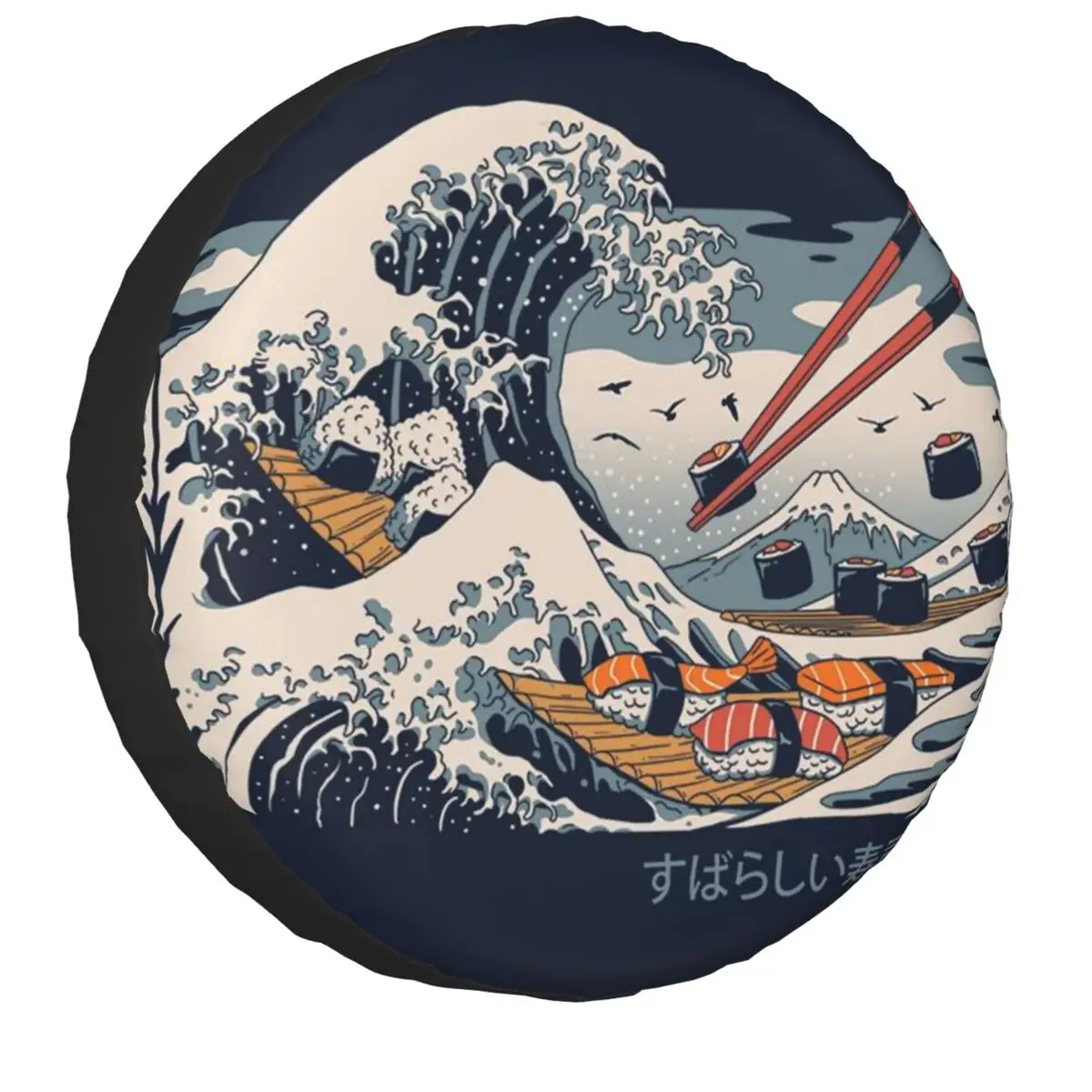 

Great Wave Off Kanagawa Sushi Spare Tire Cover Bag Pouch for Jeep Pajero Japan Food Weatherproof Universal Wheel Tire Covers