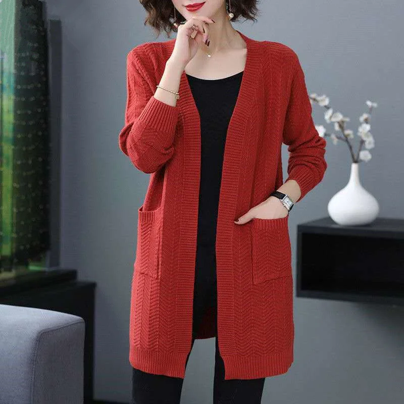 

2022 Ladies New Fashion Loose V-neck Long Sleeve Harajuku Solid Color Thin Korean Pocket Cardigan Sweater Coat Single-Breasted