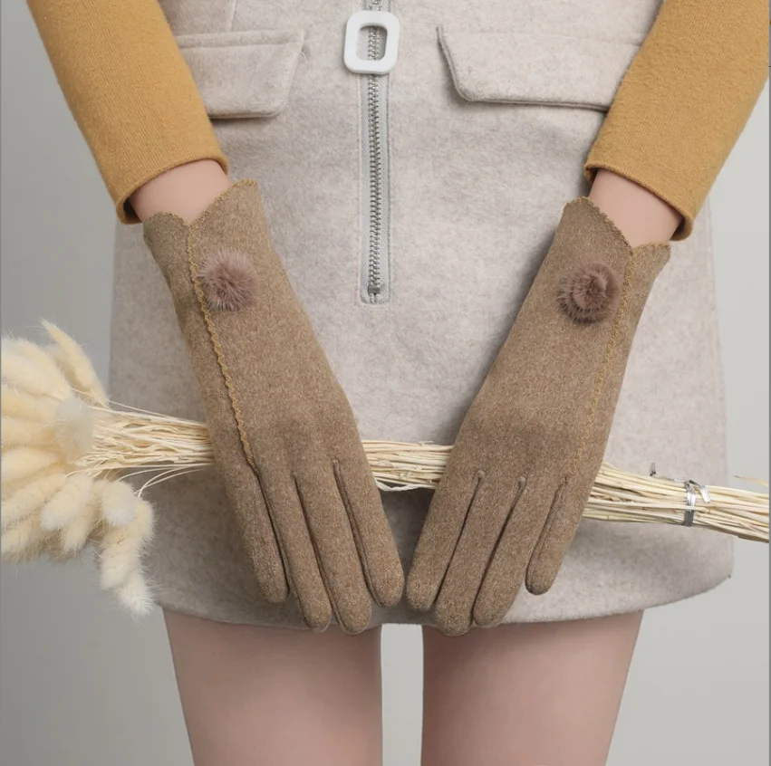 Перчатки Женские Осенне-Зимние Неинвертированный Бархат Кашемировые Полные Пальцы с Кружевом и Тачскрином из Хлопка YLWHJJ.