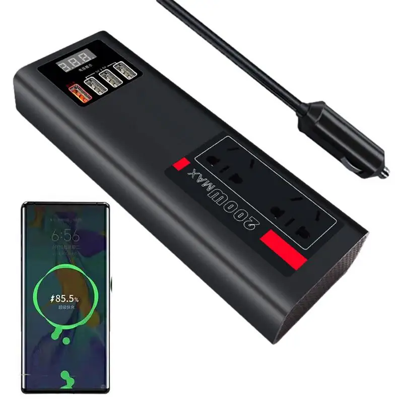 

Car Inverter 200W QC3.0 SUV Charger Plug Outlet DC 12V To AC 220V Car Charger With 3USB And 6-port Outputs Fast Charging Power