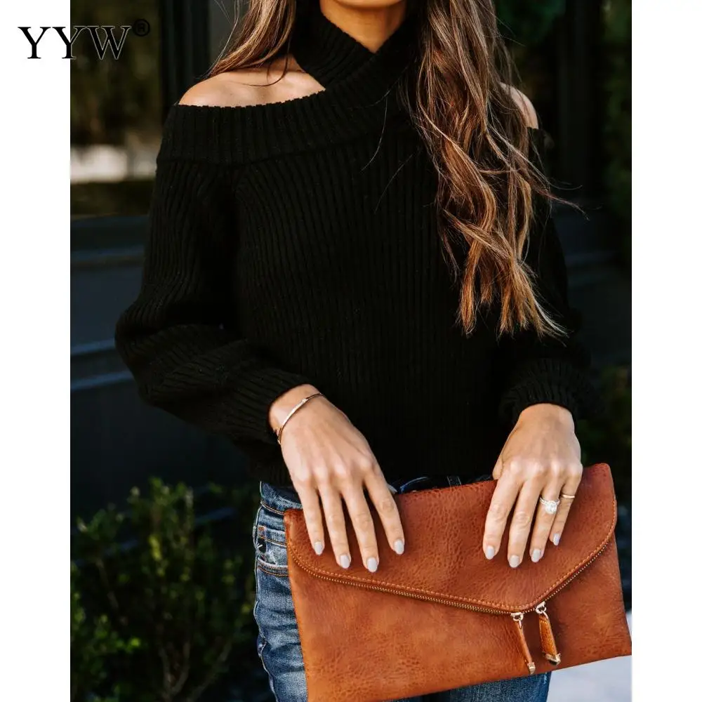 

2022 Women Sexy Slim Off Shoulder Knit Sweater Jumpers 2022 Spring Long Sleeve Loose Knitted Solid Color Casual Sweaters Tops