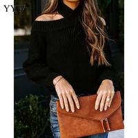 2022 women sexy slim off shoulder knit sweater jumpers 2022 spring long sleeve loose knitted solid color casual sweaters tops