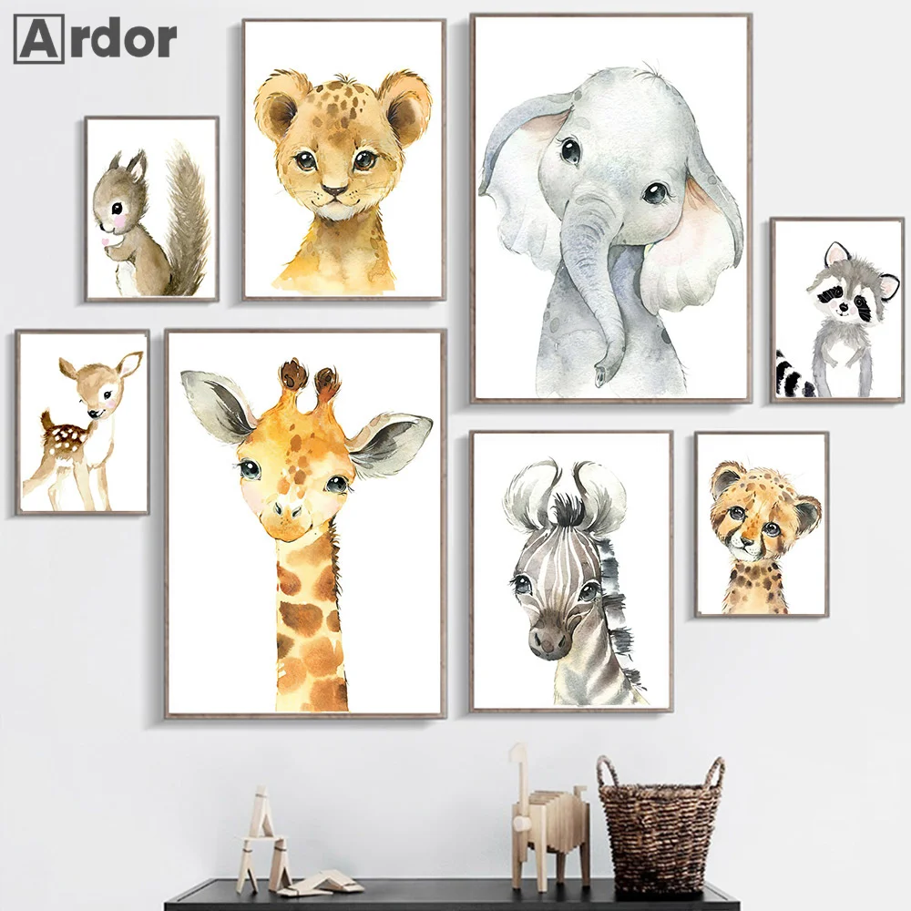 

Cartoon Animal Leopard Zebra Giraffe Art Poster Fox Deer Elephant Prints Nursery Canvas Painting Wall Pictures Kids Room Decor