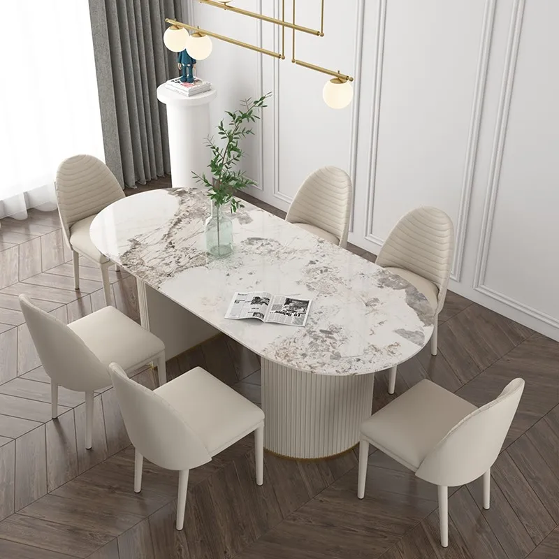 

Italian luxury high-end rock slab oval dining table household marble rectangle new island table and chair combination