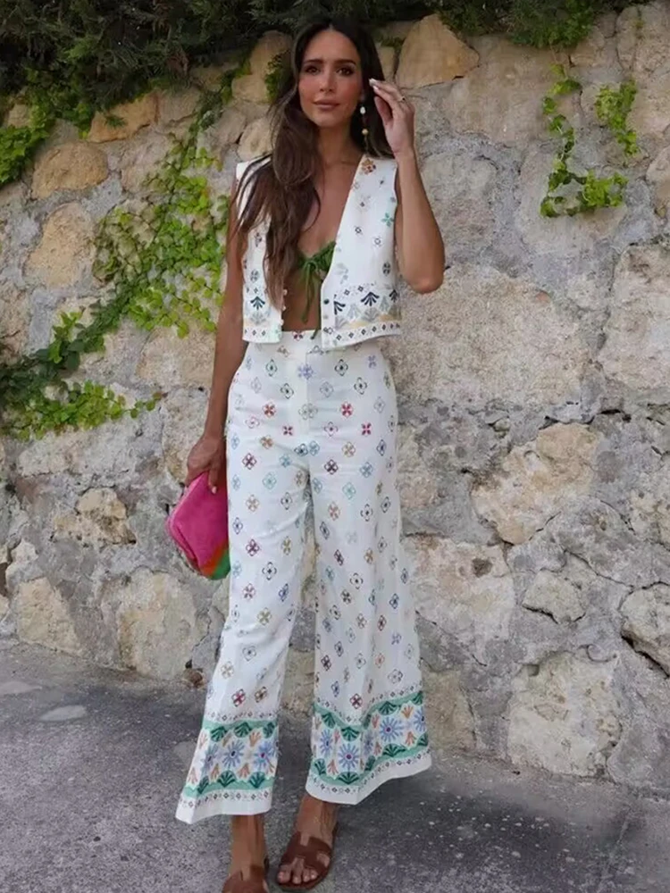 

V-neck Printed Cardigan Vest Wide Leg Pant Summer Outfits For Women 2023 Linen Bohemian Casual Pant Sets Chic Holiday Outfit