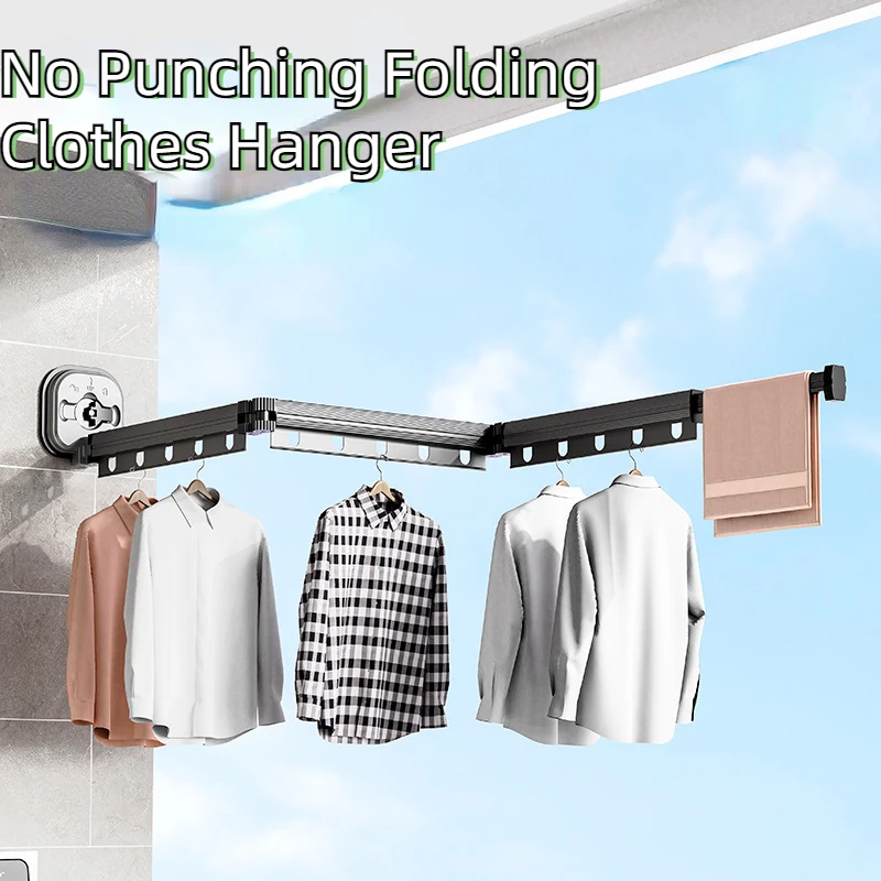 

No Punching Folding Clothes Hanger,Aluminum Retractable Drying Rack,Suction Cups Wall Mounted Laundry Organizers for Travel Home