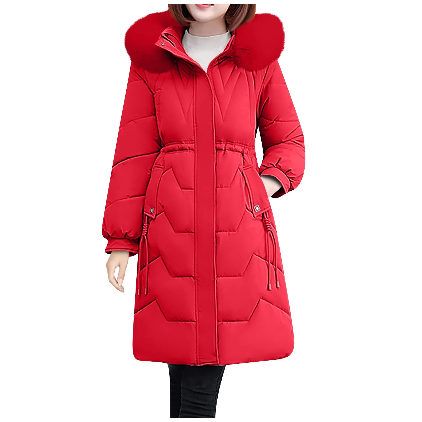 

Mid-Length Waisted Down Coat For Women Fashionable Casual Down Jacket Solid Color Hooded Cotton Jacket With Plush Doudoune Femme