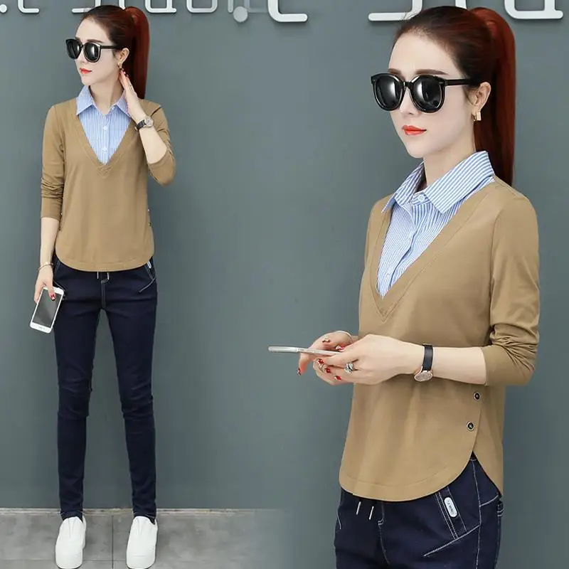 

Long Sleeved Loose Fitting Fake Two-piece T-shirt for Women's Spring Autumn New Fashion Striped Patchwork Bottoming Shirt