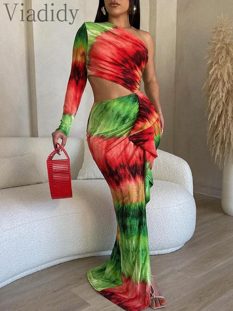 

Women Sexy Tie Dye Print Cold Shoulder Cut-out Ruffles Decor Mermaid Maxi Dress