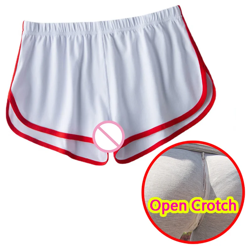 Man Sexy Open Crotch Underwear Thin Gay Outdoor Sex Panties Summer Soft Sport Crotchless Shorts Hidden Zipper Hollow Hole Boxers