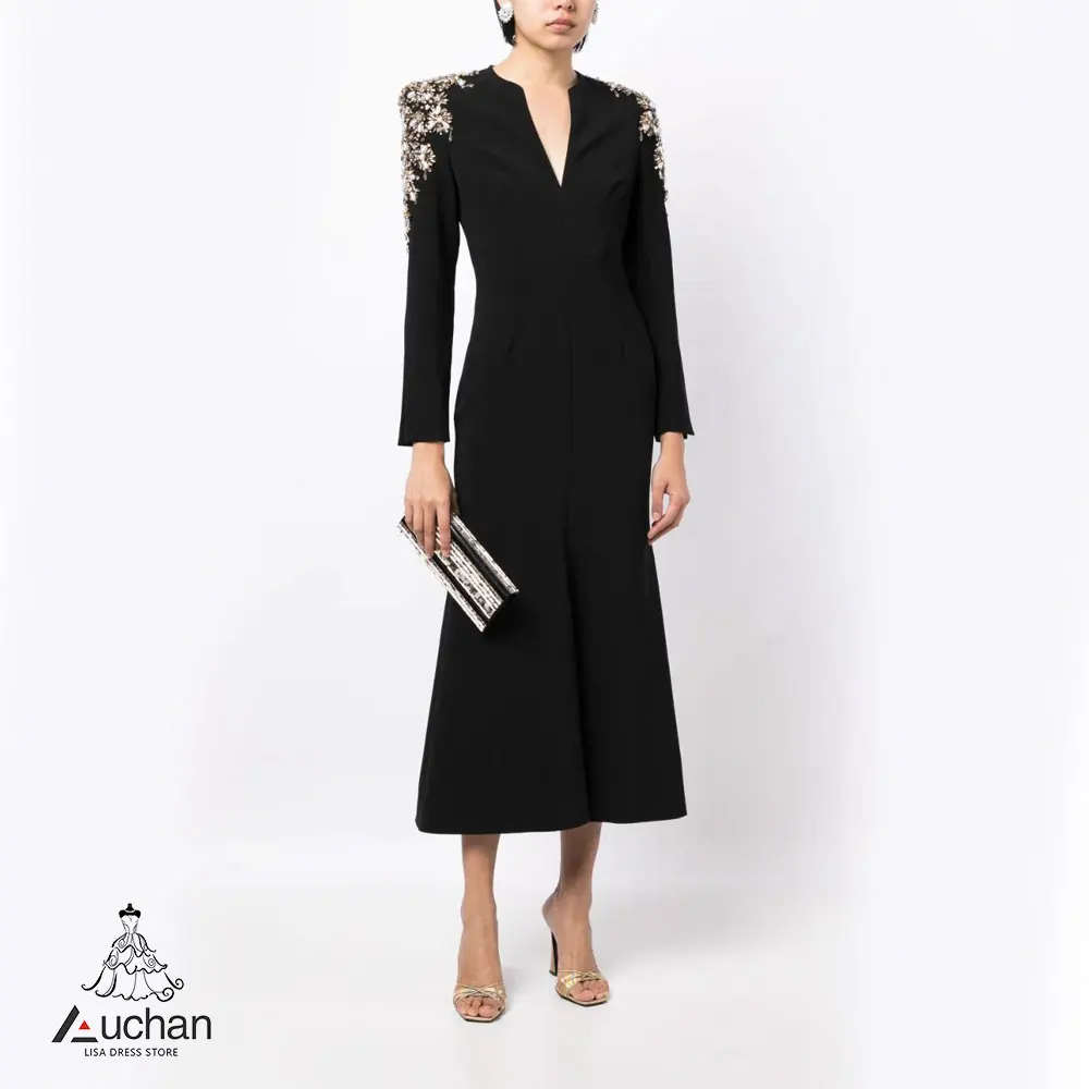 

Auchan V-Neck Prom Dress Evening Dress Long Sleeves Ankle Length Elegant Wedding Party Formal Gowns For Women Arabic