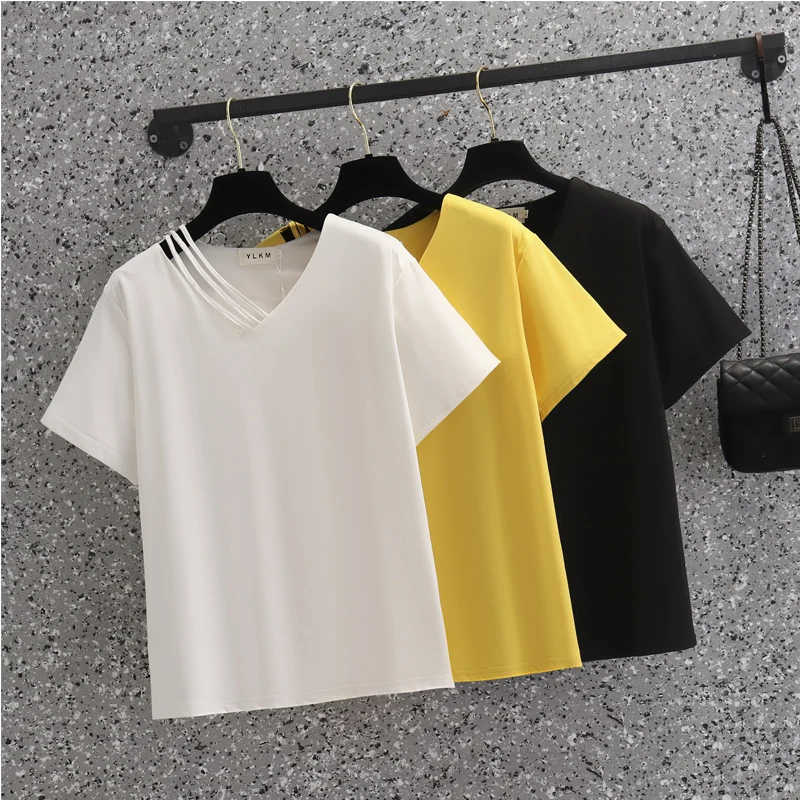 Plus Size T Shirts Summer Solid Womens Tops Oversized V-Neck Elastic Cotton Fabric Looser Oversized Short Sleeves Large T-Shirt