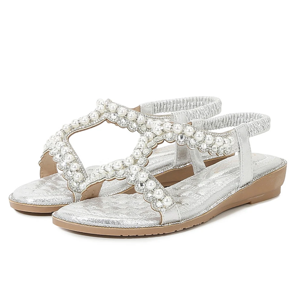 

Sorphio 2023 Brand New Flat With Women Sandals Pearl Rhinestone Decor Slip-on Gladiator Casual Comfy Summer Fashion Lady Shoes