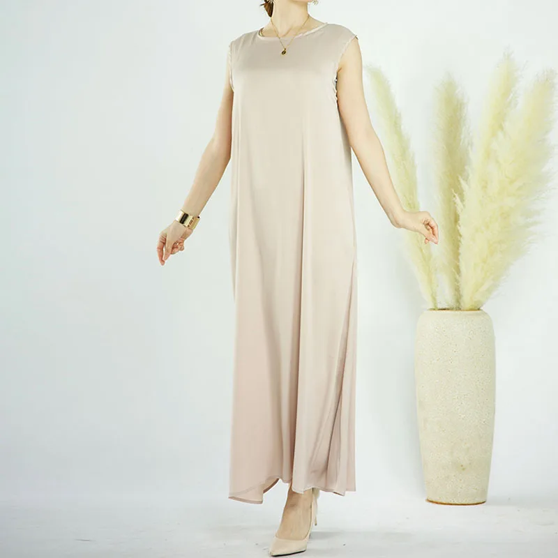 Sleeveless Inner Dress Muslim Under Abaya Solid High Quality Satin Crepe Basic Islamic Clothing Women Modest Ironless Slip Dress