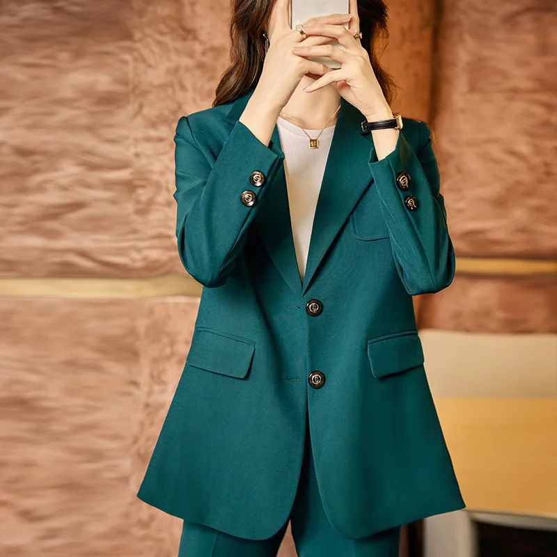2022 Korean Autumn Formal Ladies Green Blazer Women Business Suits with Sets Work Wear Office Uniform Winter Casual Pants Jacket