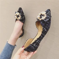 women mixed color plaid cloth flat shoes pearl buckle ballet flats ladies shallow mouth dorasy spring single shoes woman mules