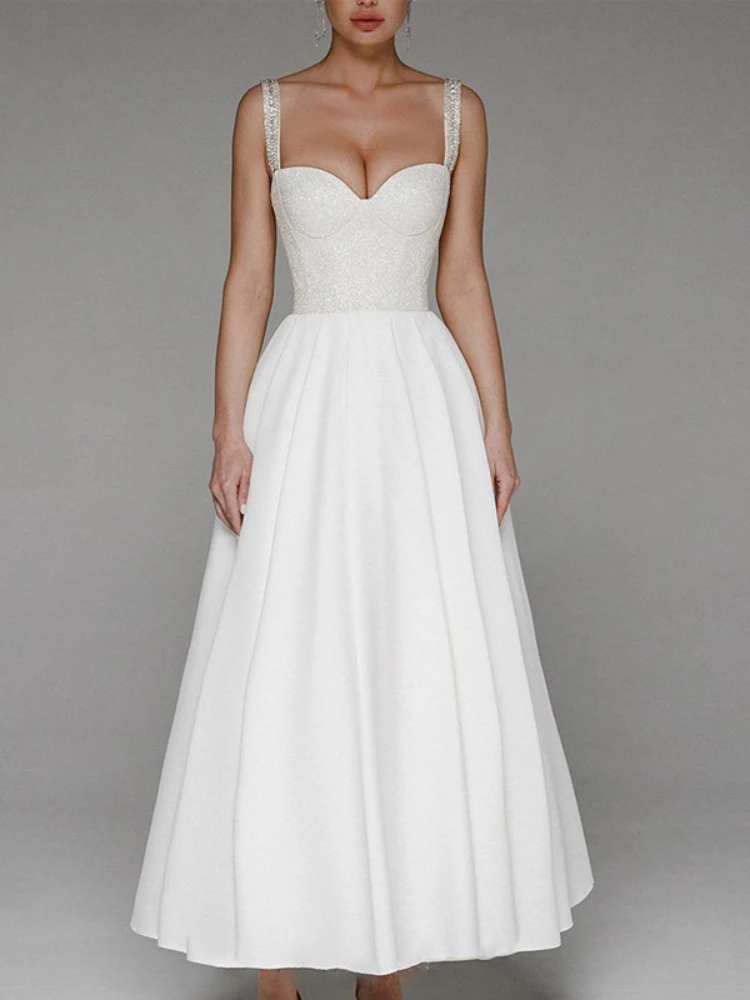 

Shiny Sexy Strapless Slip Dress A Line Backless Pleated Sequin Sleeevless V Neck Elegant Dresses Women Evening Prom Gown 2022