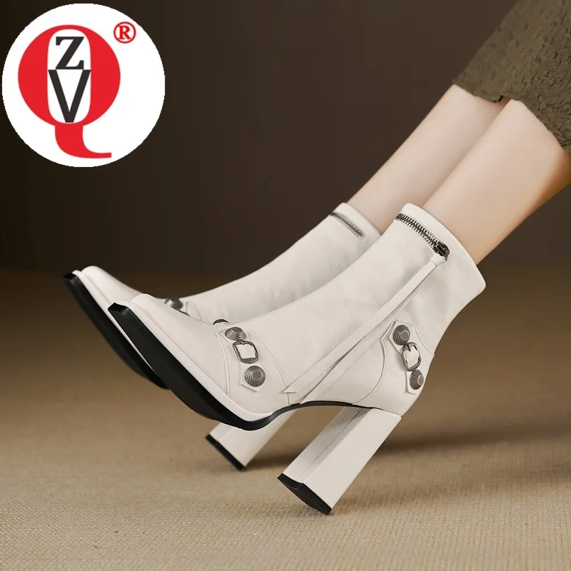 

ZVQ Fashion Ankle Boots Square Toe High Heel Winter New Style Side Zipper Rivet Woman Leather Shoes Sexy Lady Tassels Booties