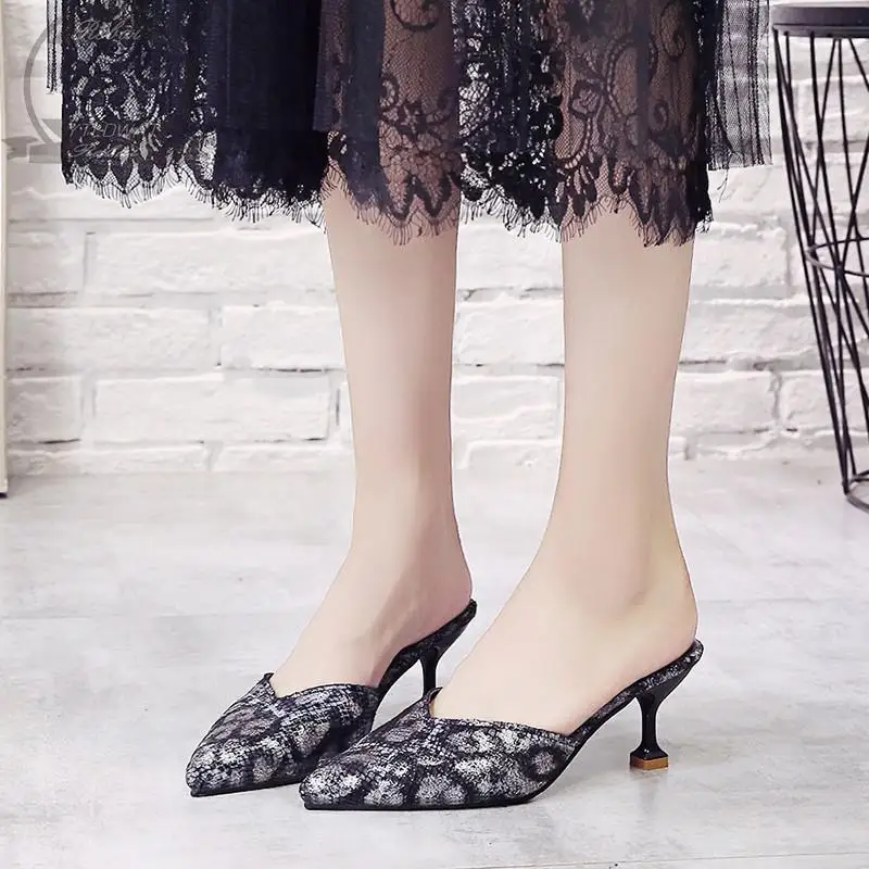 

New Summer Slippers Women Shoes Woman Mules Sexy Python Pattern Pointed Toe Leather Thin High Heels Slides Ladies