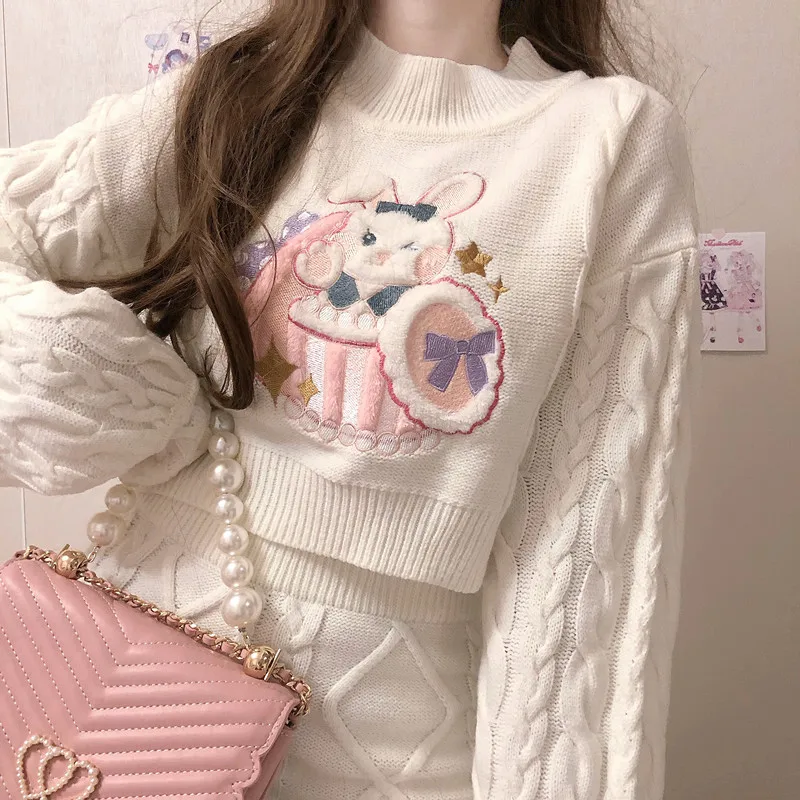 Matching Sets Dress Sweet Cute Pullovers Half High Collar Puff Sleeve Sweater Rabbit Embroidery Jacquard Knitted Top Mini Skirt