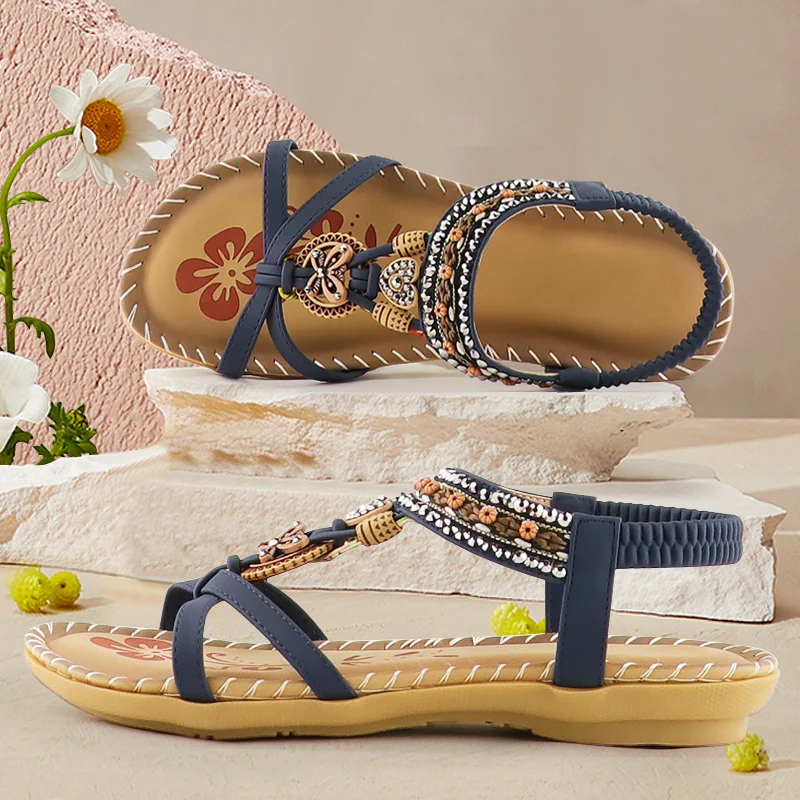 Sandals for Women Casual vintage Rhinestone Platform Sandals Summer Beach Shoes Soft Elastic Band Ladies Sandals
