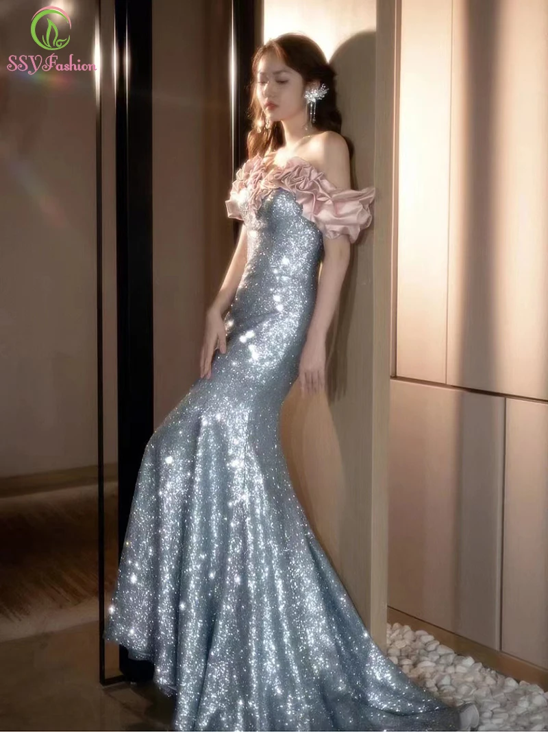 

SSYFashion New Sequins Mermaid Evening Dress Glittering Sexy Slim Boat Neck Sweep Train Sky Blue Formal Party Gowns for Women