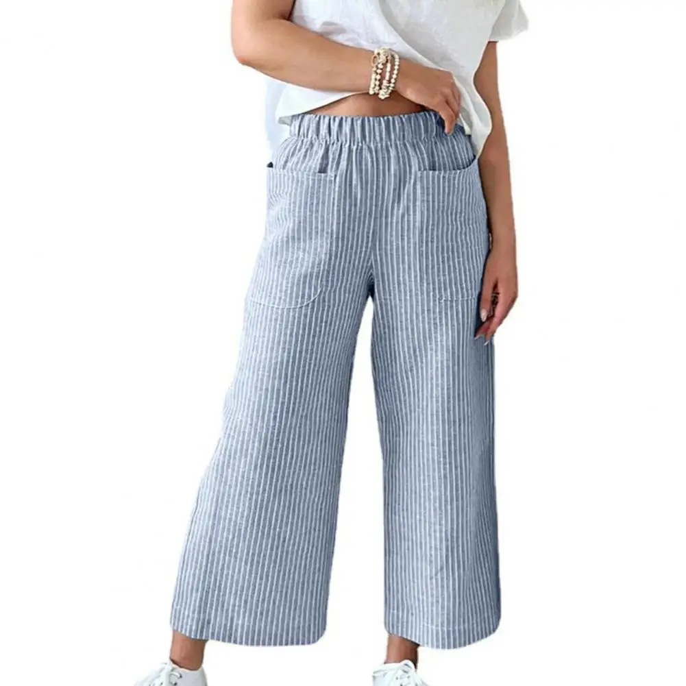 

High Waist Elastic Waistband Vertical Striped Women Pants Straight Wide Leg Loose Casual Trousers Mom