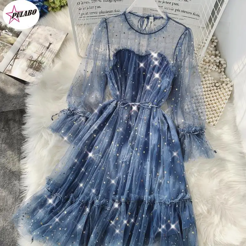 PULABO женское сетчатое блестящее платье со звездами и блестками элегантное