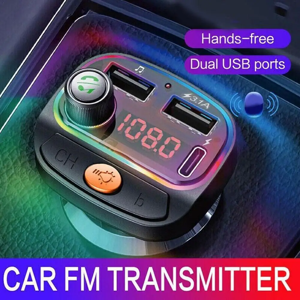 

Car Bluetooth 5.0 FM Transmitter Wireless Handsfree Car Bluetooth Mp3 Car Cigarette Lighter Dual USB Fast Charger With Light