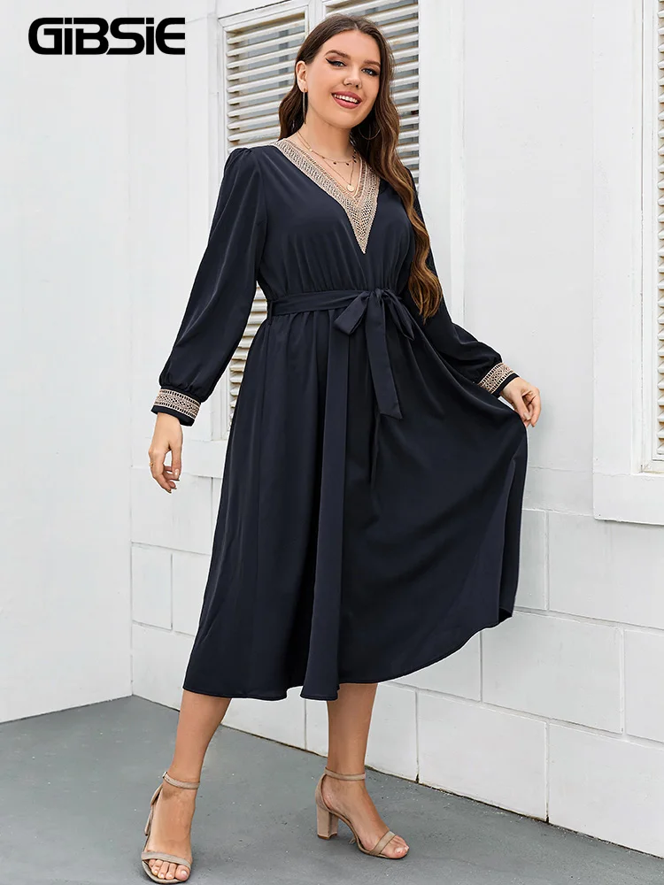 

GIBSIE Plus Size Contrast Lace V Neck Bishop Sleeve Belted Dress Women Spring Fall Elegant Street A-line Casual Long Dresses