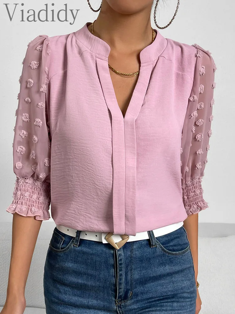 

Женская Повседневная Свободная блузка с V-образным вырезом и пышными рукавами