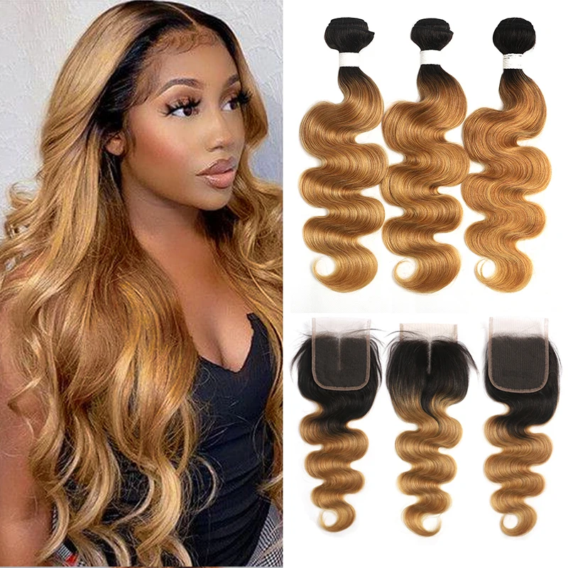 Ombre Blonde Body Wave Human Hair Bundles With Closure 4x4 Brazilian Non-Remy Human Hair Weave Extensions With Closure Kemy Hair