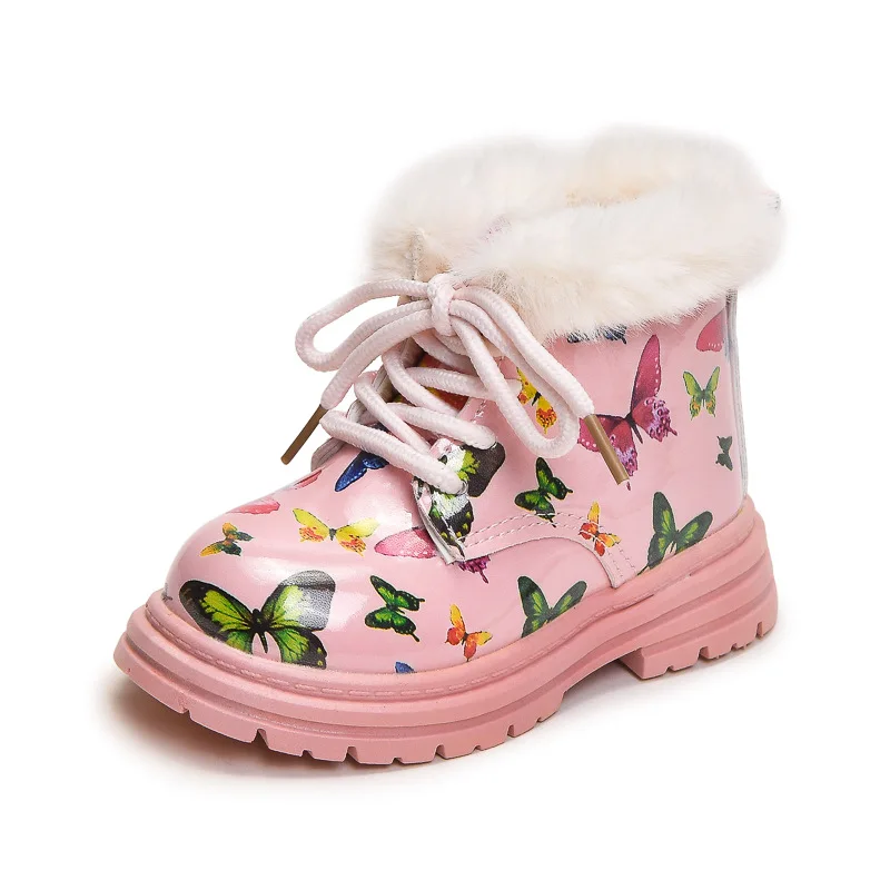 Girls' Boots 2024 Winter New Butterfly Print Baby Short Fashion Thicken Plush Children Ankle Warm Kids Cotton Shoes
