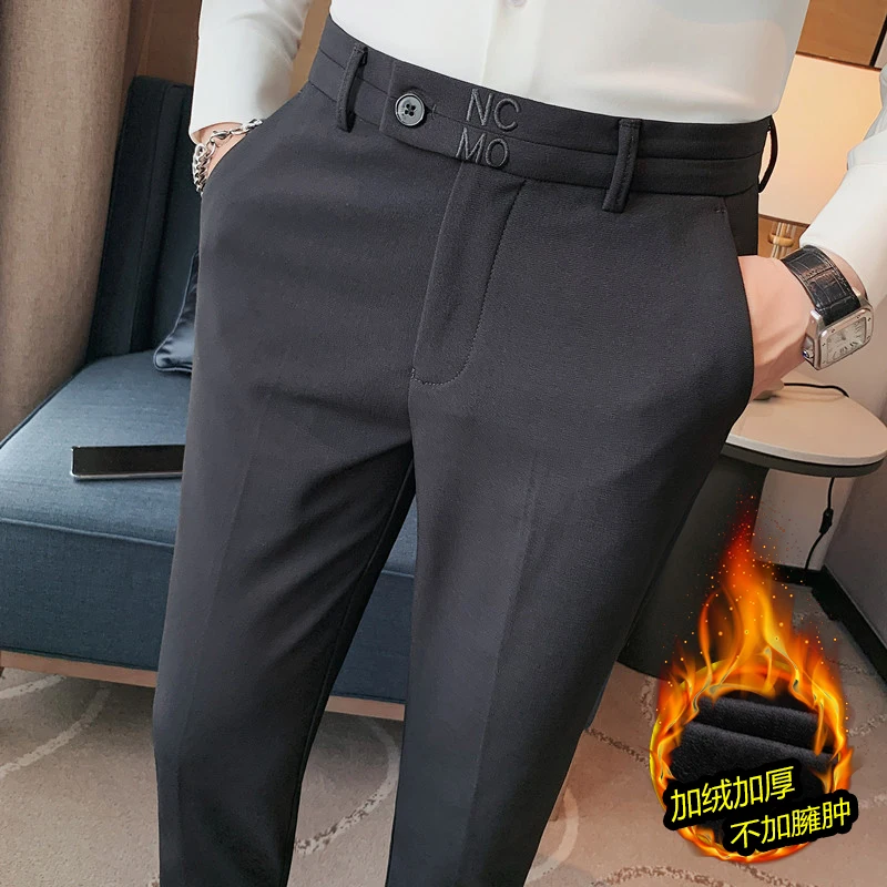 

Pantalon Homme Autumn Winter Thick Warm Suit Pants For Men Clothing 2022 Business Formal Wear Slim Fit Casual Office Trousers 36