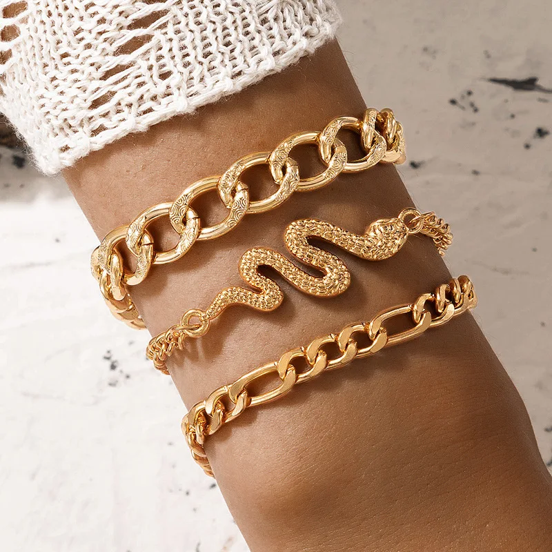 

Vintage 3 Piece Set Gold Snake Hand Chain Bracelet For Women Female Goth Jewelry Gift Wholesale