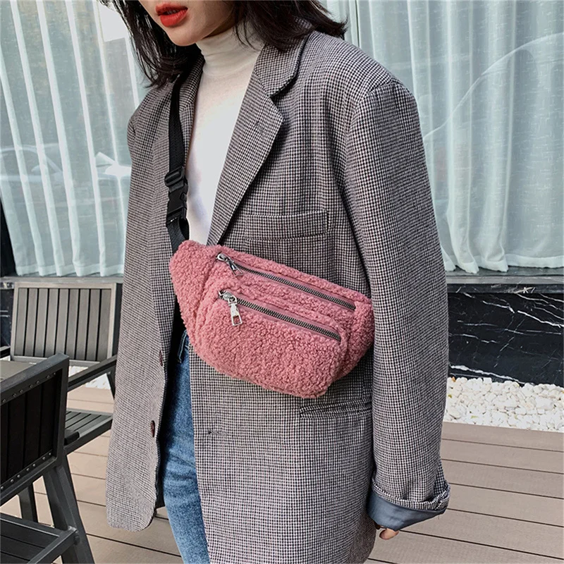

Plush Women's Waist Bag Solid Color Belt Bags Shoulder Crossbody Chest Bag Brand Designer Female Fanny Pack Banana Hip Purse