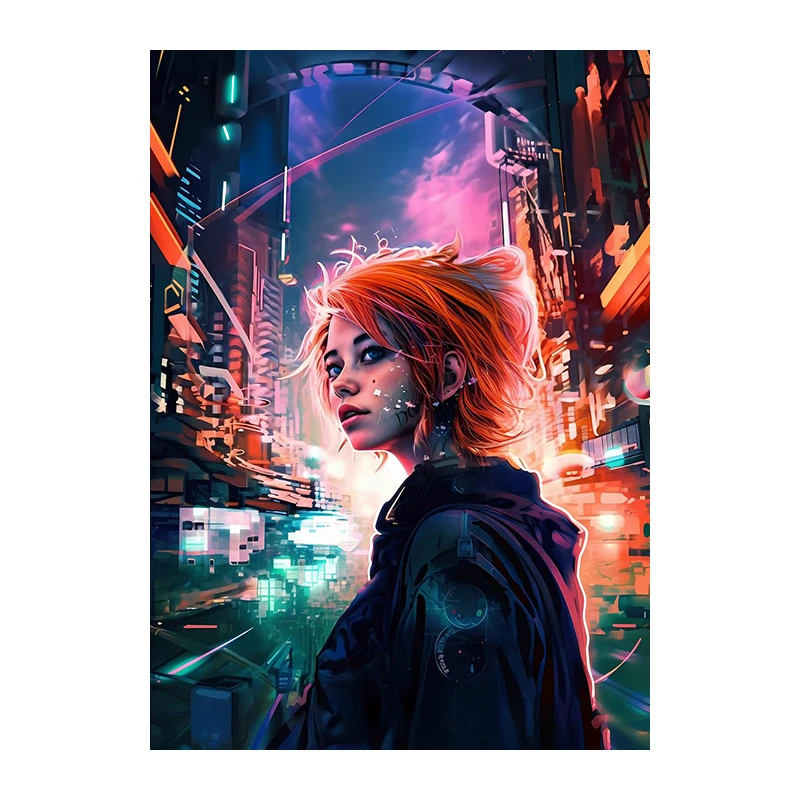 Киберпанк будущее городская девушка Картина на холсте с рамкой фиолетовая