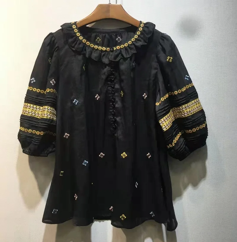 High Quality Linen Blouse 2022 Summer Women Exquisite Floral Embroidery Half Sleeve Casual Black Tops Shirt Female XL Size