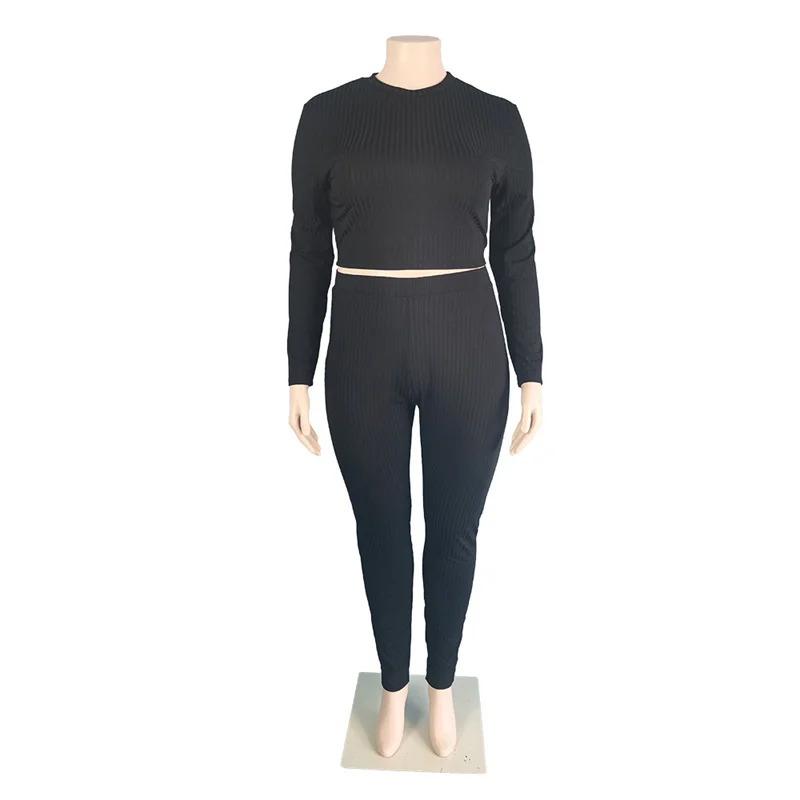 Plus Size Women Clothing Fashion Sexy Outfits Long Sleeve Top and Pants Bodycon Ribbed Two Piece Set Dro 3xl 4xl 5xl 6xl